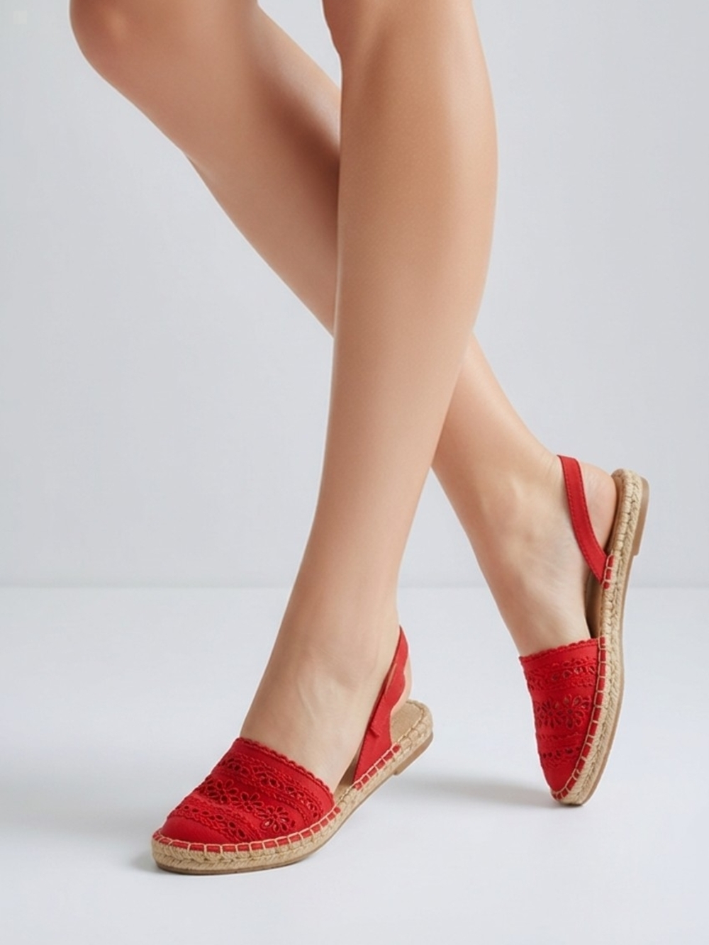 Talbots Red Embroidered Espadrille Slingback Flats Sandals Eyelet Floral Size 8